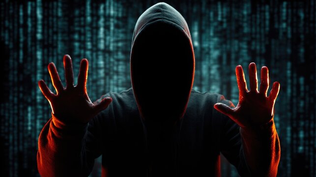 A mysterious hooded hacker with glowing hands against a digital matrix background, embodying cyber threat, anonymity, and a warning.