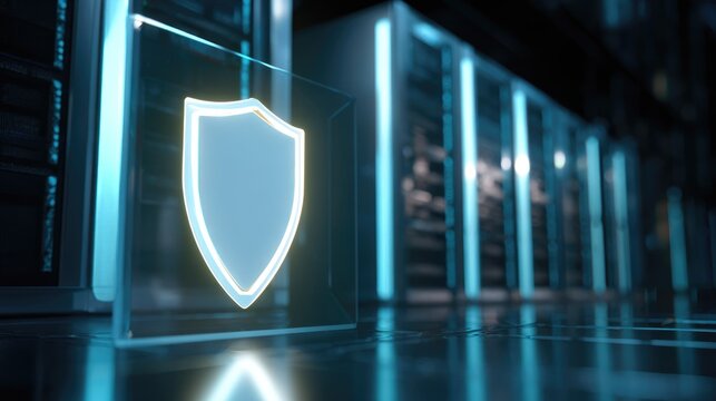 A glowing digital shield stands guard in a futuristic server room, symbolizing robust cybersecurity and data protection for critical infrastructure.