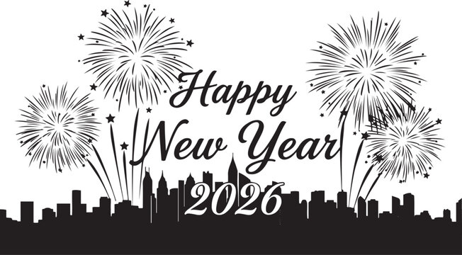 Happy New Year 2026 fireworks display over city skyline silhouette