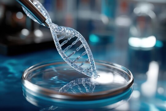 Dna helix model in laboratory petri dish with blue background