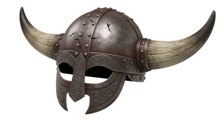 Close up of a horned helmet with intricate designs and metal studs on transparent background