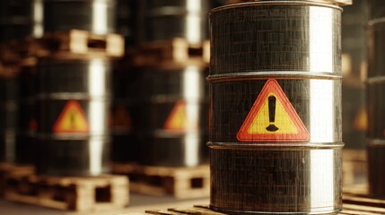 Metallic barrels with prominent hazard warning signs on wooden pallets, indicating storage of potentially dangerous industrial materials.