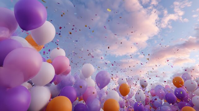 Colorful balloons and confetti floating against a cloudy sunset sky