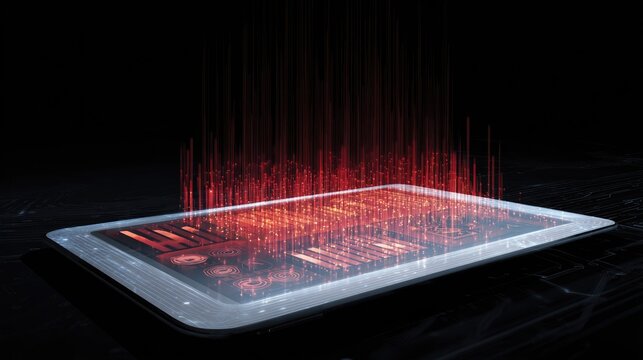 Digital tablet shows glowing red data streams rising from its intricate display. This depicts advanced technology, data processing, and global connectivity. - Powered by Adobe