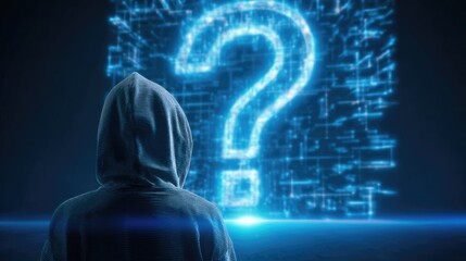 A hooded figure confronts a glowing digital question mark, representing digital unknowns, cybersecurity mysteries, or complex data challenges in a futuristic technological landscape.