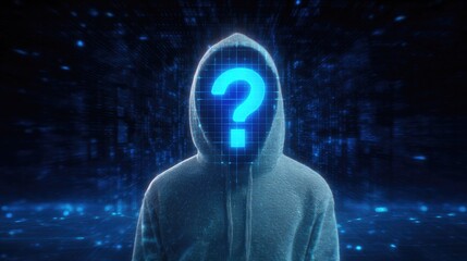 A hooded figure with a glowing question mark face emerges from a dark digital background, symbolizing online anonymity, cyber mystery, and data privacy.
