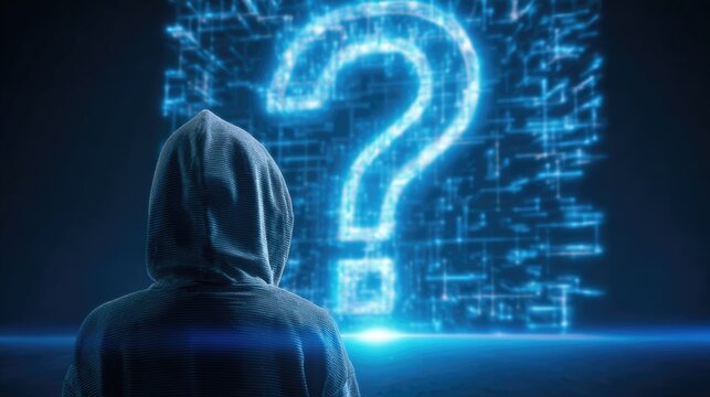A hooded figure confronts a glowing digital question mark, representing digital unknowns, cybersecurity mysteries, or complex data challenges in a futuristic technological landscape. - Powered by Adobe