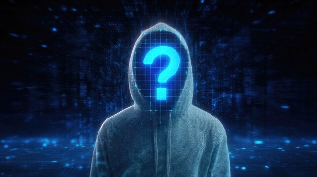 A hooded figure with a glowing question mark face emerges from a dark digital background, symbolizing online anonymity, cyber mystery, and data privacy.