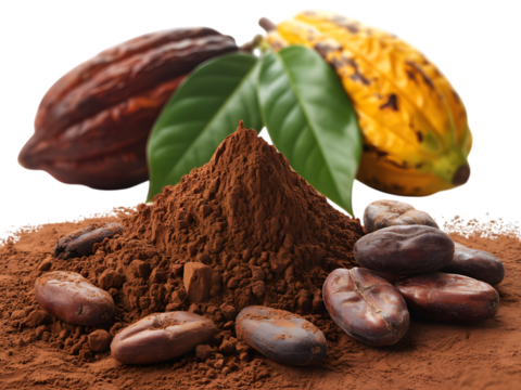 Cocoa powder pile with cocoa pods and beans isolated on transparent background
