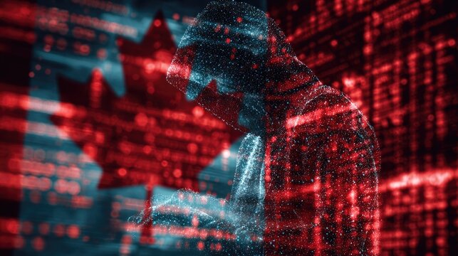 Digital hooded figure representing a hacker, overlaid on a Canadian flag with data patterns, symbolizing cybercrime and digital security threats against Canada.