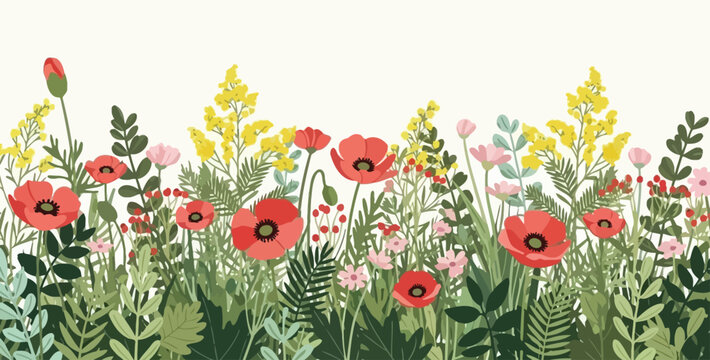 Vibrant stylized floral border with red poppies, yellow flowers, and lush green leaves, perfect for spring and nature designs.