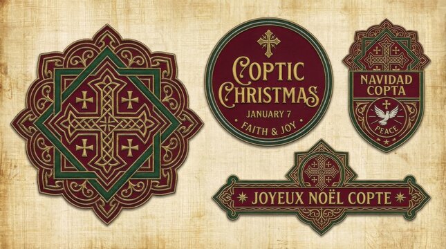 elegant badge and emblem set template for coptic christmas illustration template featuring cross motif with geometric decorative frame on subtle textured background that looks like paper