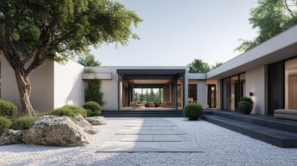 Fototapeta premium Modern villa exterior with white gravel courtyard 