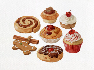 Sweet Delights Watercolor: A charming watercolor depiction of an assortment of delectable pastries, from cinnamon rolls to cupcakes, evoking warmth and the comfort of homemade treats.