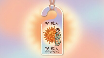 decorative door hanger template for coming of age day japan illustration template featuring young figure standing beside large stylised sun on soft gradient background with gentle glow