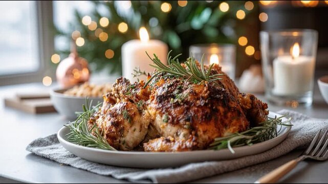 Christmas Eve roasted herb chicken with garlic butter glaze in a warm candle-lit setting, accented by subtle holiday greenery and a festive layout that enhances the cozy Christmas mood, 4k video