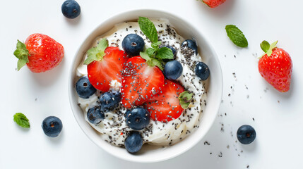 Fresh yogurt bowl topped with strawberries, blueberries, mint leaves, and chia seeds on a bright white background, highlighting clean eating, natural ingredients, and a healthy lifestyle