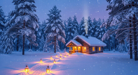 Cozy Wooden Cabin in a Snowy Forest with Glowing Lanterns along the Path.