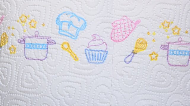 a decorative pattern on a paper towel product, featuring embroidered-style illustrations of kitchen and baking items