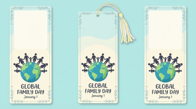 decorative bookmark template for global family day illustration template featuring diverse family silhouettes holding hands around a globe on simple pastel background with plenty of empty space