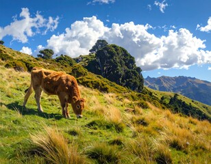A tranquil mountain meadow scene with a grazing cow under a bright cloudy sky
