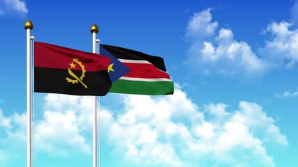 Waving flags of ANGOLA and SOUTH SUDAN on pole included with alpha channel