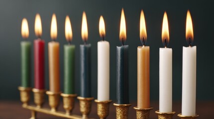 Soft shimmering candle flames illuminate kwanzaa celebration home photo warm ambiance balanced row of colors