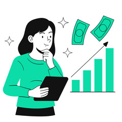 Successful woman visualizing financial growth with money and upward graph, planning for wealth, prosperity, and investment success, originally vector