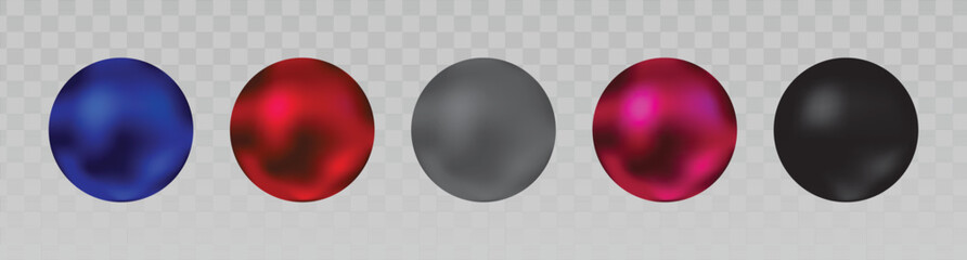 Set of five metallic 3D spheres with glossy reflections in blue, red, gray, magenta, and black. Ideal for modern tech visuals, UI elements, science themes, and abstract designs.