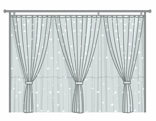 Illustration of elegant sheer curtains with a subtle pattern, tied back in three sections on a curtain rod, suitable for home decor.