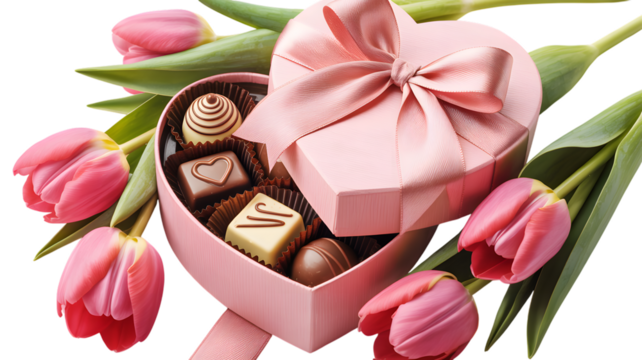 Heart shaped chocolate box with tulips isolated on transparent background