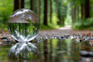 Crystal Ball Reflecting Forest Path and Puddle