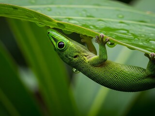 Fototapeta premium Green gecko clings to leaf with water droplets close up wildlife nature