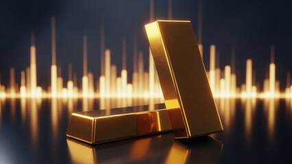 Two shiny gold bars standing on a reflective surface, symbolizing wealth and luxury against a digital background.