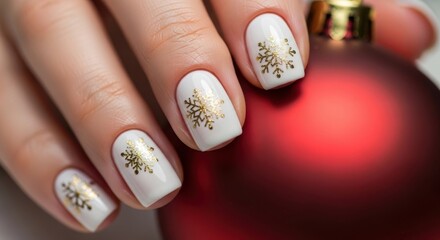 female hand with festive christmas nail art. white manicure with golden snowflakes holding red ornament. winter holiday concept. beauty salon, social media, copyspace.