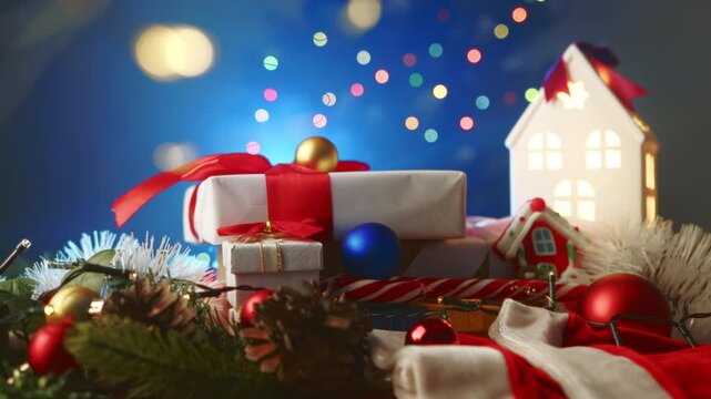 Warm holiday scene showcasing gift boxes with red bows, seasonal ornaments, pine cones, and garlands, softly illuminated by glowing Christmas tree bokeh. 
