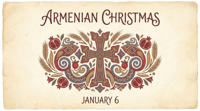 cozy horizontal poster template for armenian christmas illustration template featuring traditional cross motif surrounded by soft patterns on subtle textured background that looks like paper
