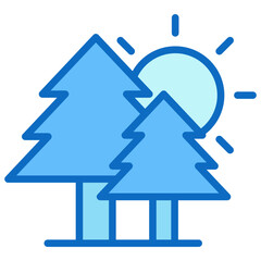 Forest Sun Blue Fill Outline Icon Design Vector - sunny forest scene showing trees and sunlight, representing eco-tourism or natural beauty