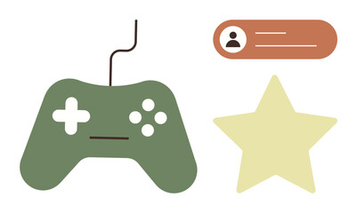 Green gaming controller, user profile banner with account icon, and yellow star for achievement. Ideal for gaming, user interface, leaderboard, player experience, rewards creativity hobbies. Simple