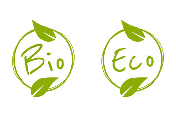 Green Bio Eco Organic Round Circle Badge Sticker Stamp Info Label Sign Icon Set for Product and Package with Leaf Symbol. Vector Image.