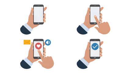 Hands holding smartphones displaying notifications like mail, like, sound, and checkmarks icons