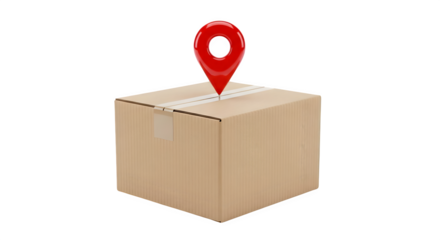 Delivery box with a 3D glossy red map marker on top. This illustration is used for product displays, branding and social media.
