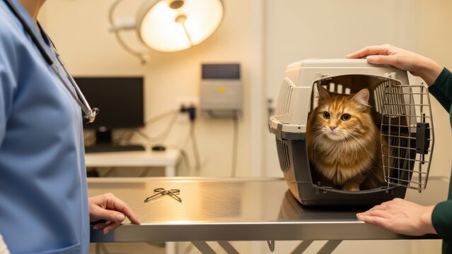 Veterinarian visit: orange cat in carrier on examination table