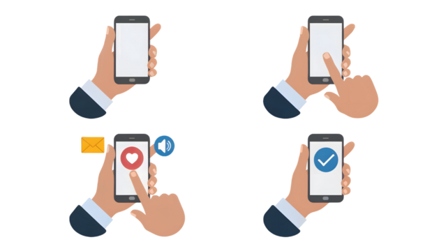 Hands holding smartphones displaying notifications like mail, like, sound, and checkmarks icons