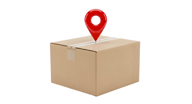 Delivery box with a 3D glossy red map marker on top. This illustration is used for product displays, branding and social media. - Powered by Adobe