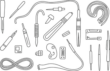Obraz premium Hand drawn outline illustration of electronic components and tools soldering iron wires