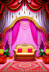 Opulent Indian Wedding Mandap: Luxurious Gold Throne with Vibrant Pink Drapes, Floral Arch, Green Tassels and Red Carpet for Royal Hindu Ceremony
