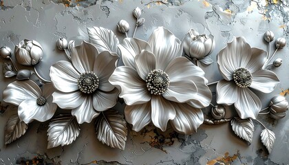 Sculpted silver flowers with leaves on a textured, gray background with gold accents in a highly detailed composition