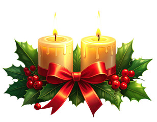 Festive Christmas Candles with Holly Sprig Decoration, Holiday Illustration
