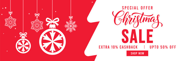 Festive red and white Christmas sale banner with hanging snowflake ornaments and gift boxes, modern holiday typography, special discount and cashback offer design, ideal for seasonal retail, web ads, 